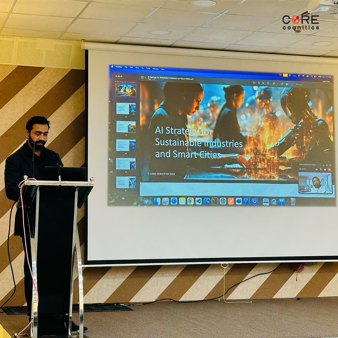 Shabeer Puthukkudi, CEO of Core Cognitics, delivering a presentation on AI strategies for sustainable industries at Smart Shift 2025 conference