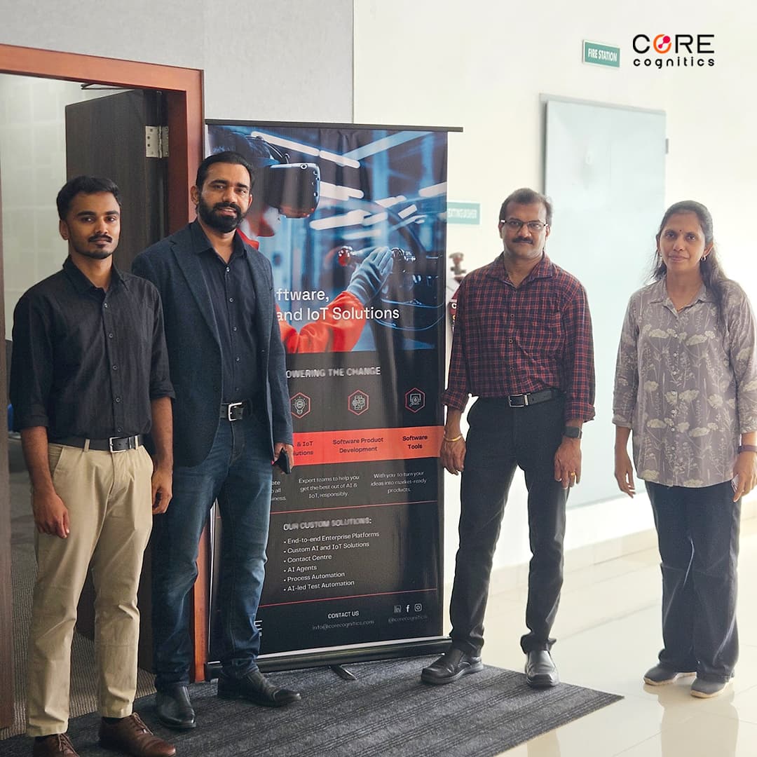 PeeKay Steel Castings members Sudheesh N R and Adhil Moideen meeting with Shabeer Puthukkudi and Core Cognitics team
